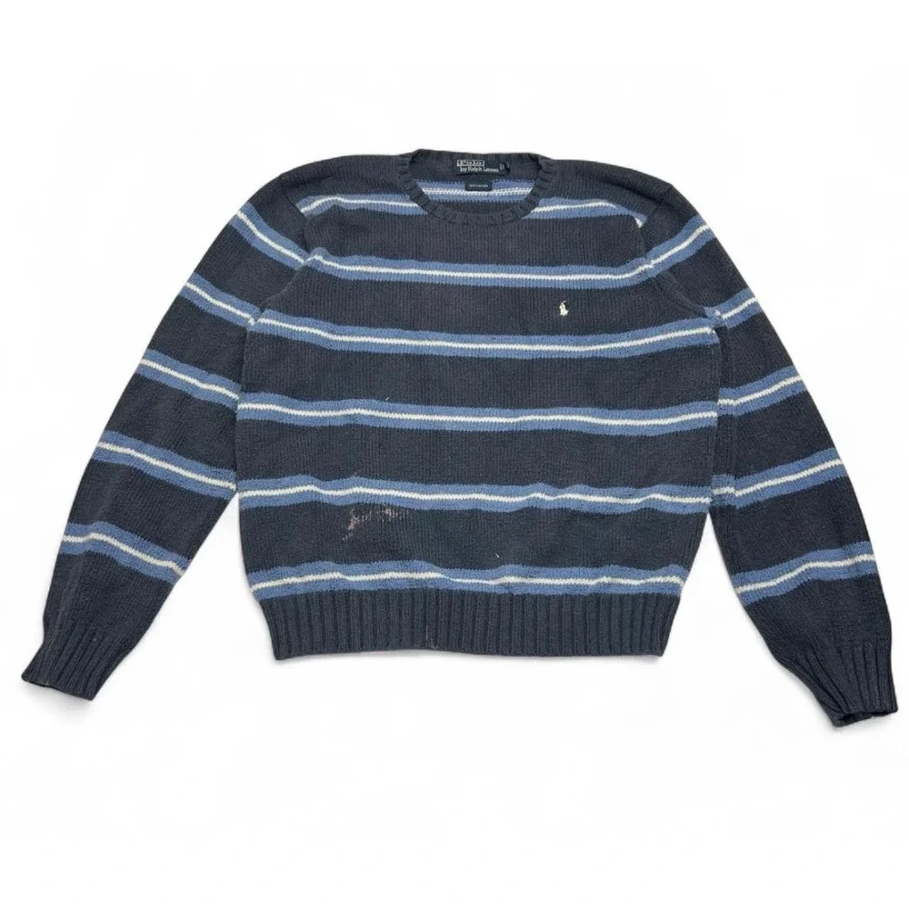 Polo Ralph Lauren Mens XL Blue Striped 100% Cotton Crewneck Sweater Pony Logo